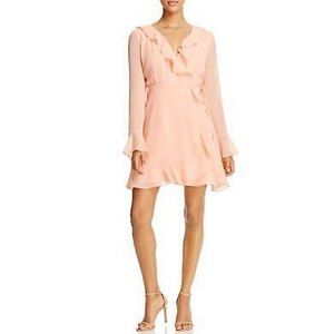 WAYF S Long Sleeve True Wrap Gown Coral Modest Dress Knee Length Ruffle Sleeve